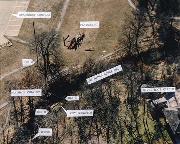 Aerial of area where Amber’s body was found with labels made by detectives.